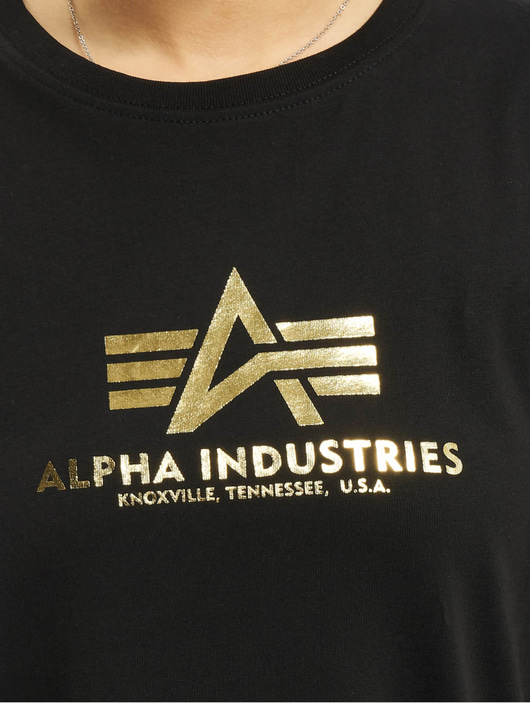Frauen t-shirts Alpha Industries Damen T-Shirt Basic T Long Foil Print in schwarz