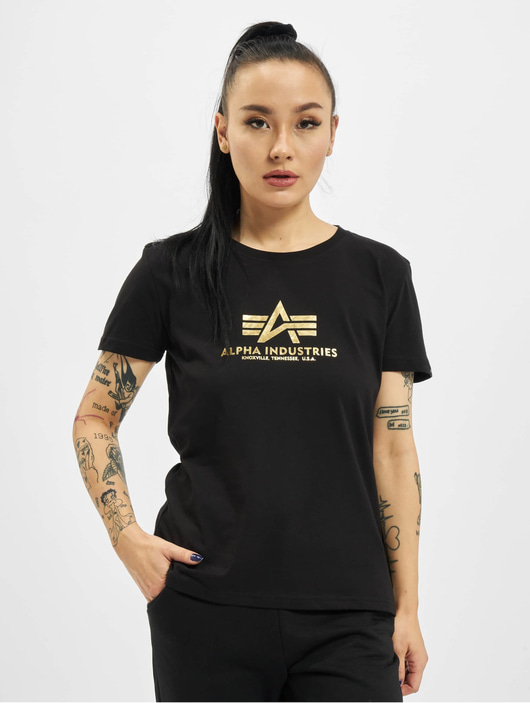 Frauen t-shirts Alpha Industries Damen T-Shirt New Basic Foil Print in schwarz