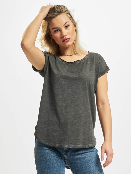 Frauen t-shirts Urban Classics Damen T-Shirt Ladies Long Back Shaped Spray Dye in grau