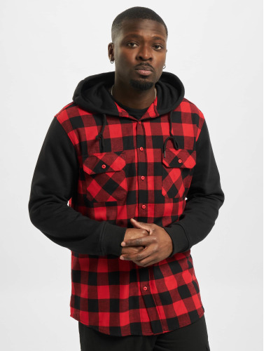 Urban Classics Overhemd -L- Hooded Checked Flanell Sweat Sleeve Zwart/Rood