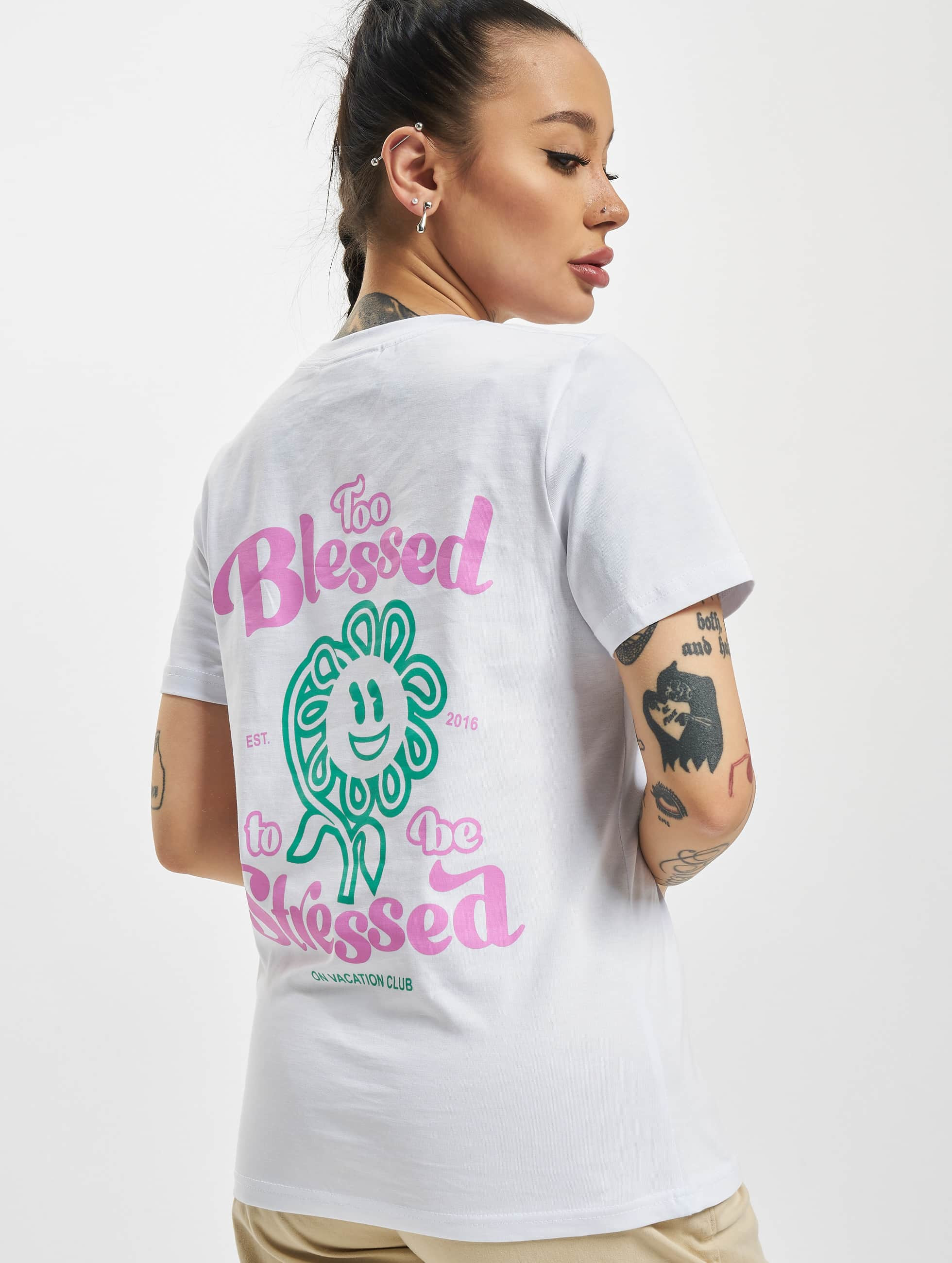 Humoristisk væv pastel On Vacation bovenstuk / t-shirt Too Blessed To Be Stressed in wit 978941