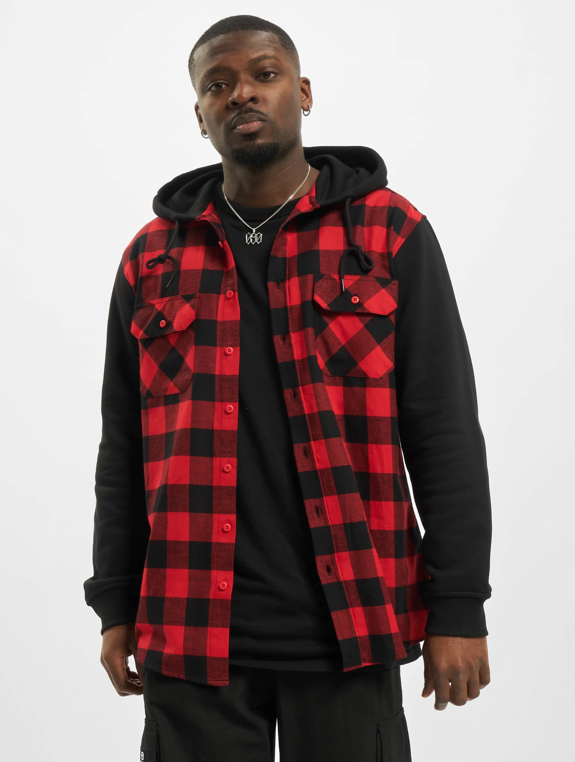 Urban Classics Hooded Checked Flanell Sweat Sleeve rouge Chemise homme