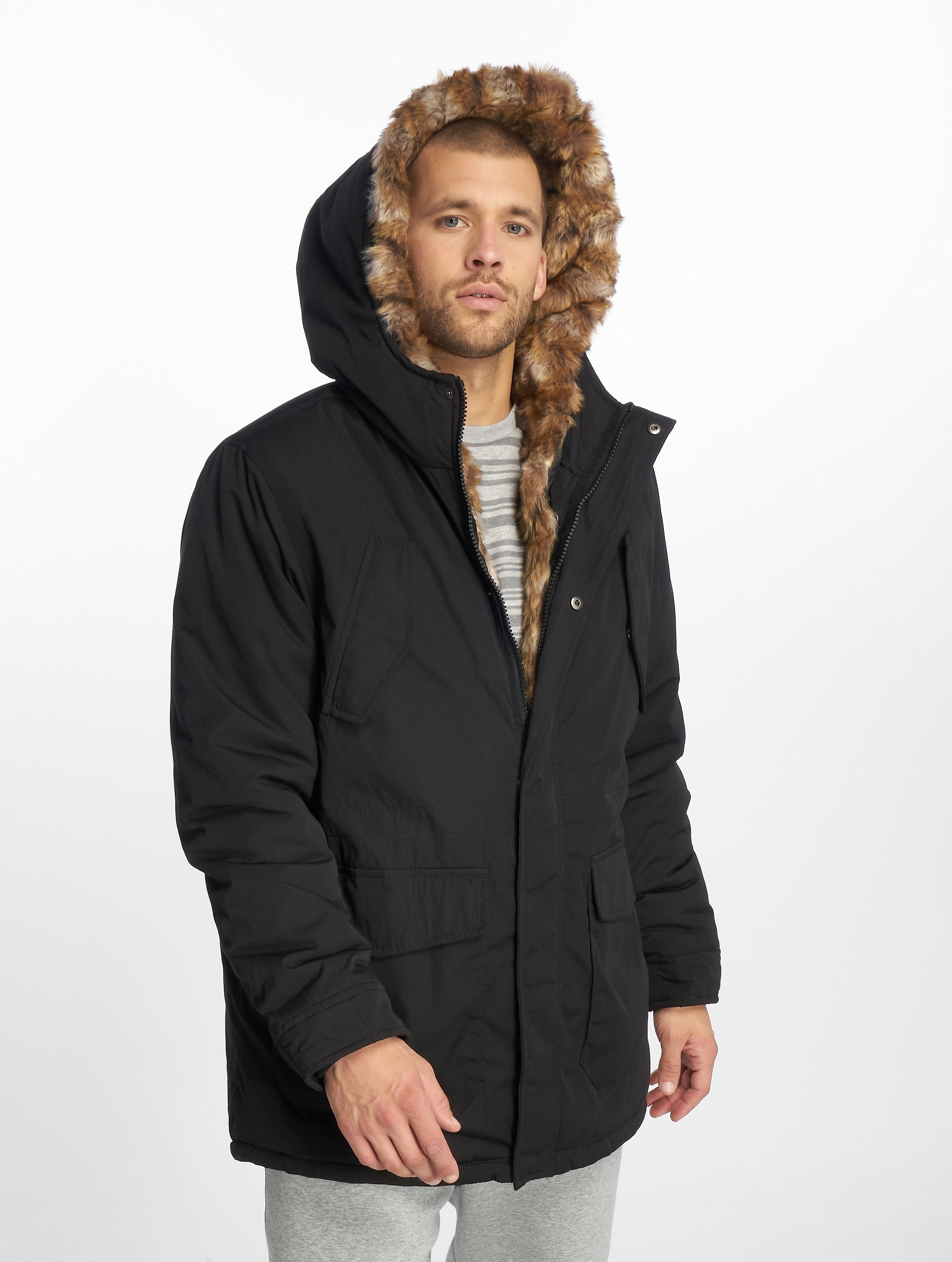 Urban jas Hooded Faux Fur in zwart 563221