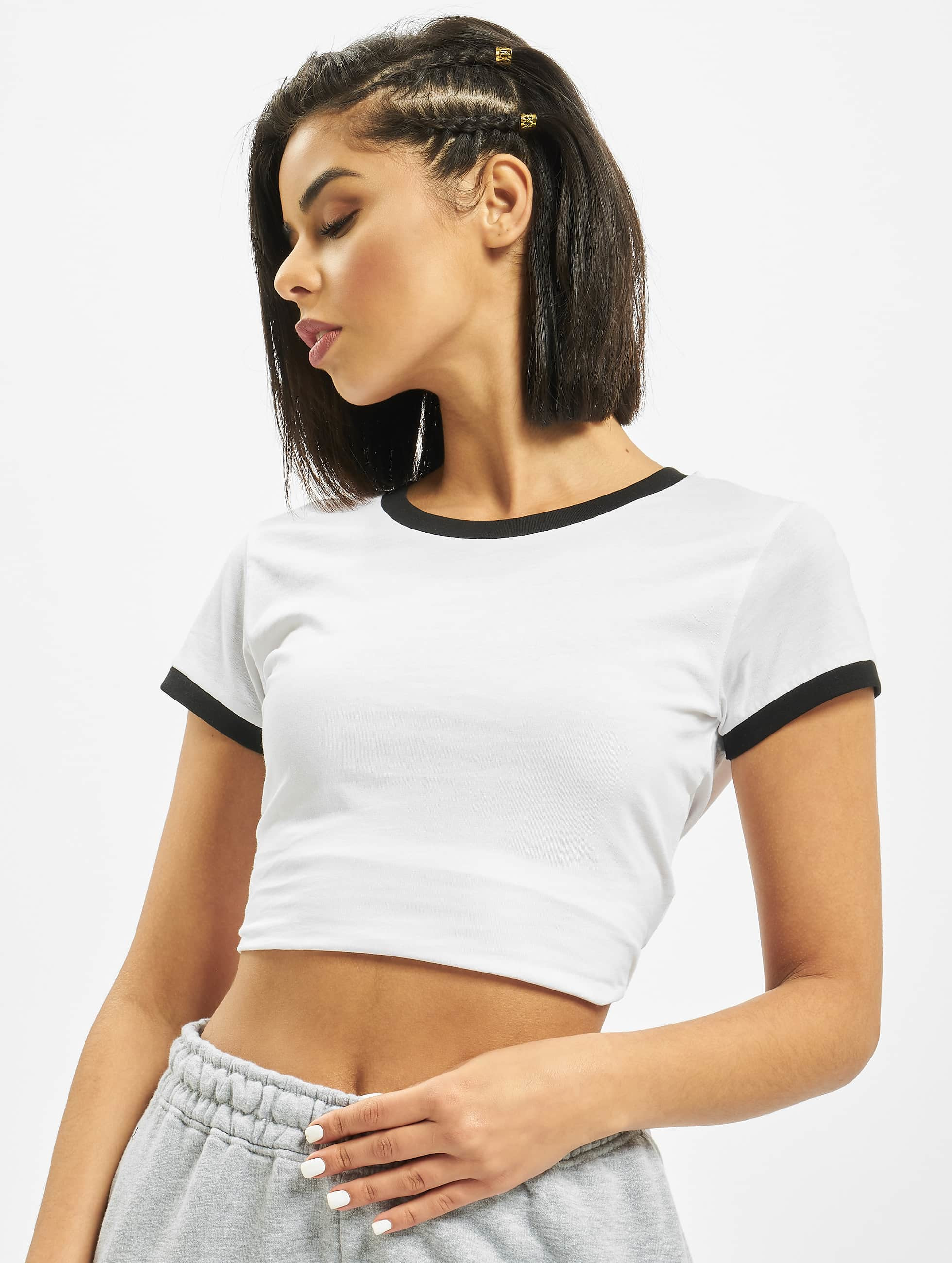 Urban Classics Haut / T-Shirt Ladies Cropped Ringer en blanc