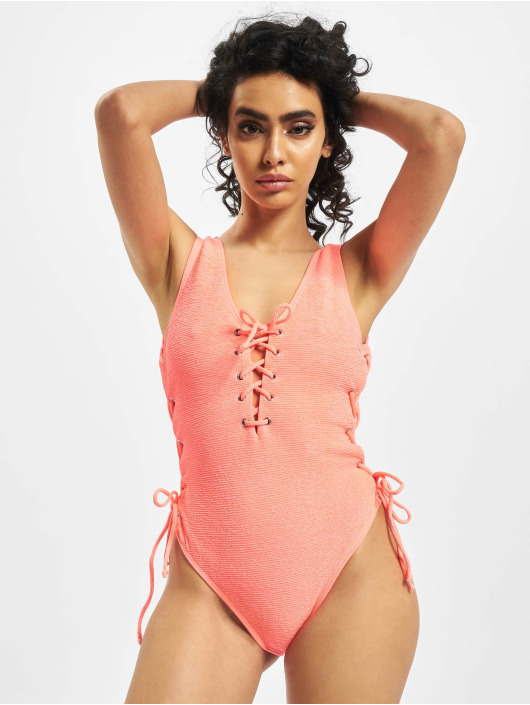 Missguided Damen Badeanzug Crinkle Lace Up Front And Side in pink