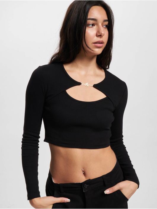 Sixth June Longsleeve Ribbed Crop Top W/ Jewel zwart