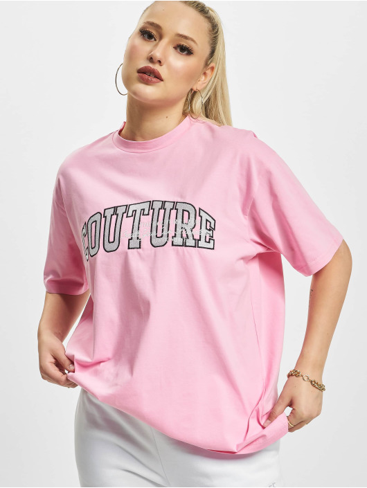 The Couture Club Damen T-Shirt Embroidered Overlayed Oversize in pink