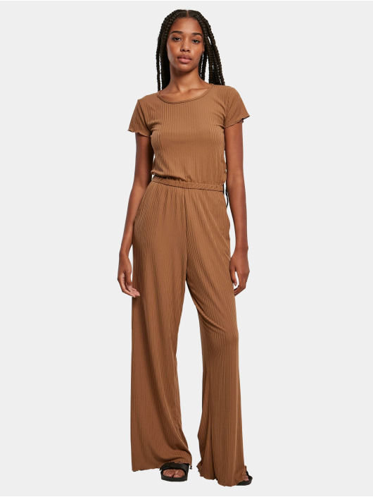 Urban Classics Jumpsuits Ladies Rib Wid Leg brazowy