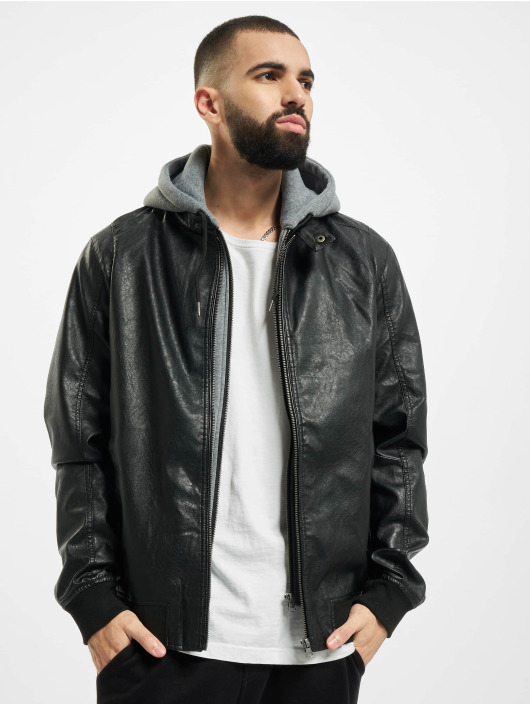 Urban Classics Kurtki skórzane Fleece Hooded Fake Leather czarny