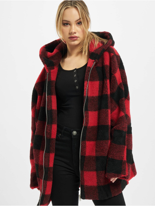 Urban Classics Manteau hiver Ladies Hooded Oversized Check Sherpa rouge