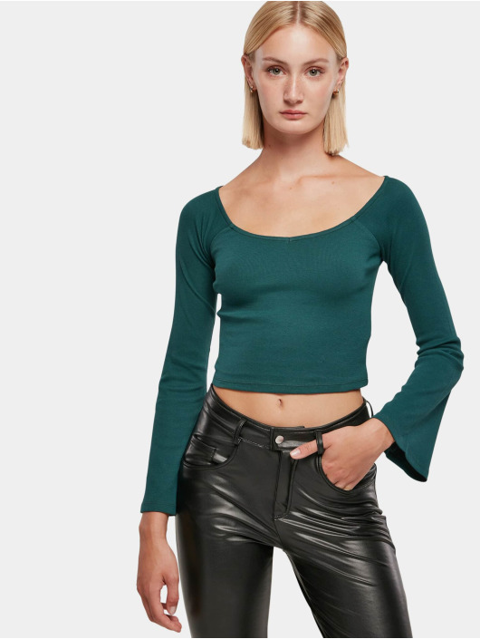 Urban Classics Pitkähihaiset paidat Ladies Short Rib Wide V-Neck vihreä