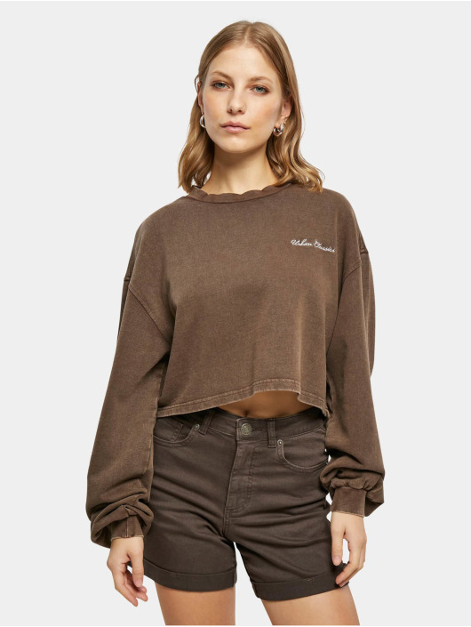 Urban Classics Pullover Ladies Cropped Small Embroidery Terry Crewneck braun