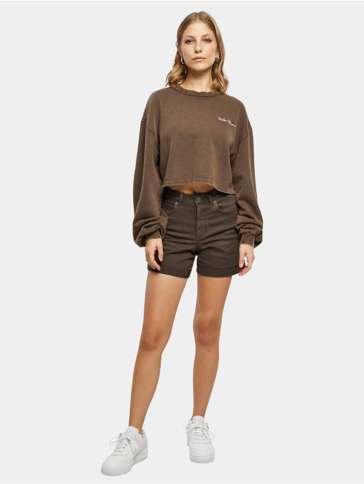 Urban Classics Pullover Ladies Cropped Small Embroidery Terry Crewneck braun