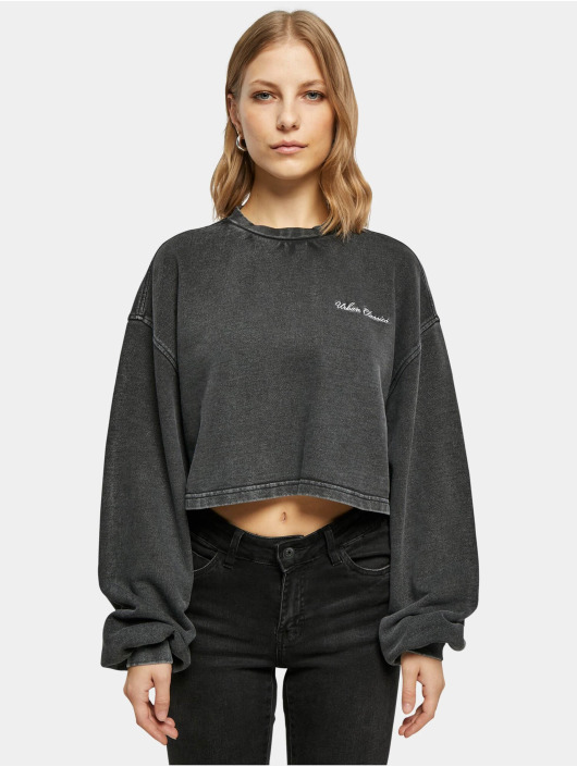 Urban Classics Pullover Ladies Cropped Small Embroidery Terry Crewneck schwarz
