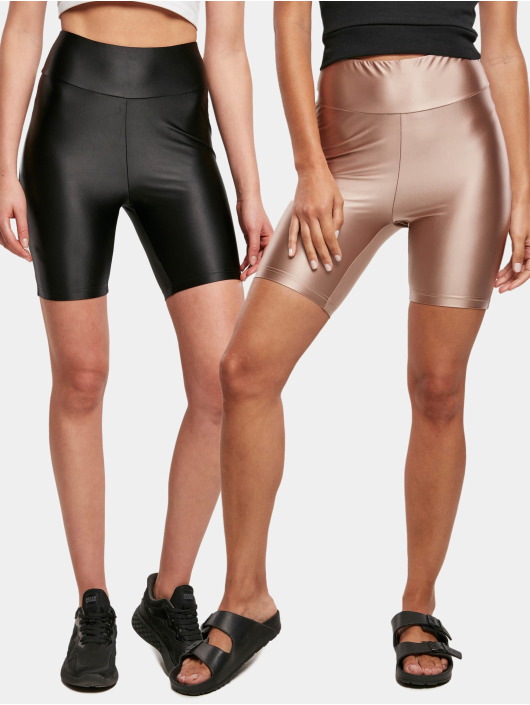Urban Classics Damen Shorts Ladies Highwaist Shiny Metallic Cycle 2-Pack in schwarz