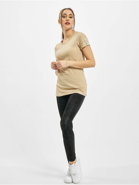Urban Classics T-Shirt Ladies Lace Shoulder Striped Tee beige