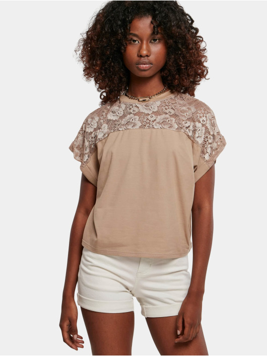 Urban Classics Damen T-Shirt Ladies Short Oversized Lace in beige