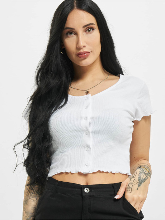 Urban Classics T-Shirt Cropped Button Up Rib blanc