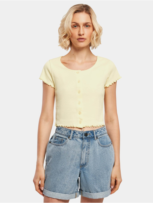 Urban Classics Damen T-Shirt Ladies Cropped Button Up Rib in gelb