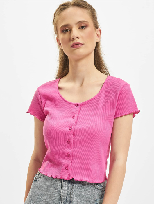 Urban Classics T-Shirt Ladies Cropped Button Up Rib magenta