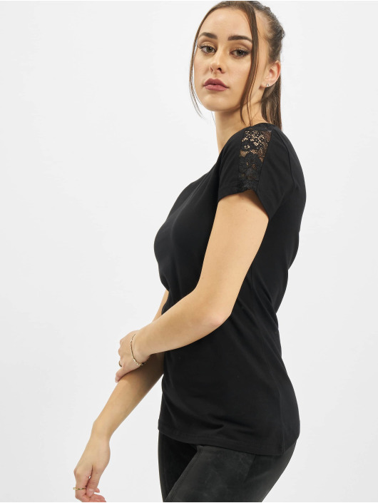Urban Classics T-Shirt Ladies Lace Shoulder Striped Tee noir