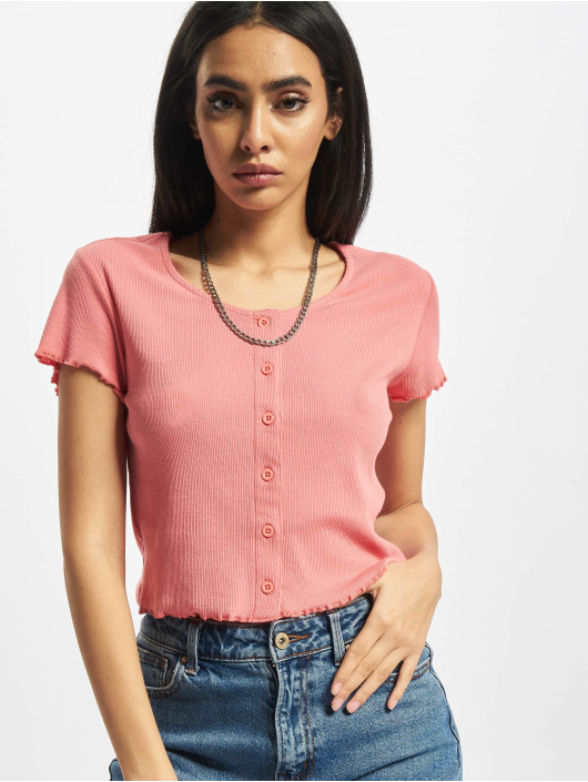 Urban Classics t-shirt Ladies Cropped Button Up Rib pink