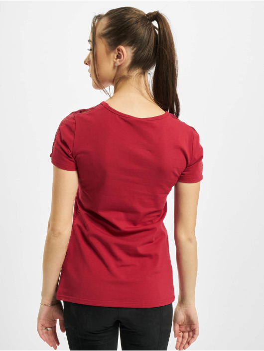 Urban Classics T-Shirty Ladies Lace Shoulder Striped Tee czerwony