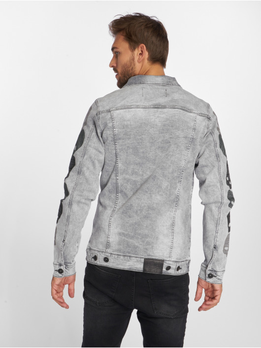 VSCT Clubwear Veste Jean Skull Sleeve Muscle Fit gris